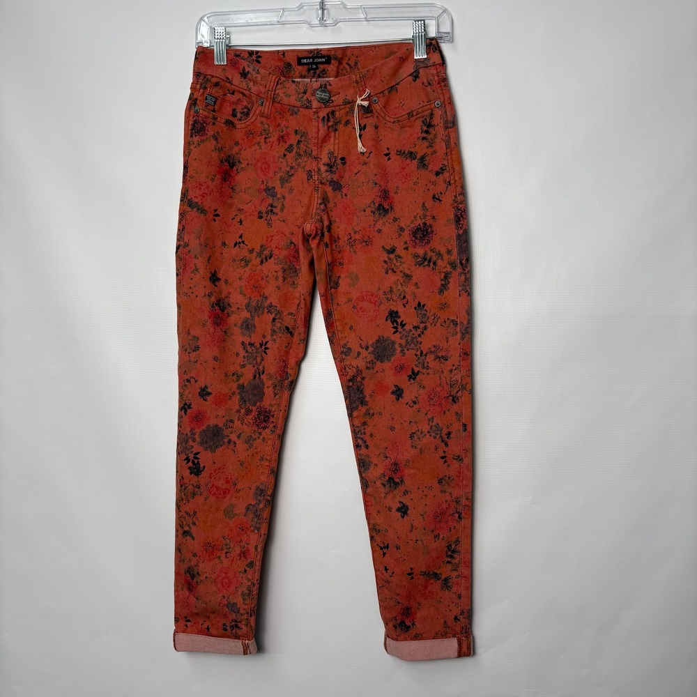 Dear John Denim Women 26 Floral Skinny Jeans Terracotta Orange Cropped Jeans